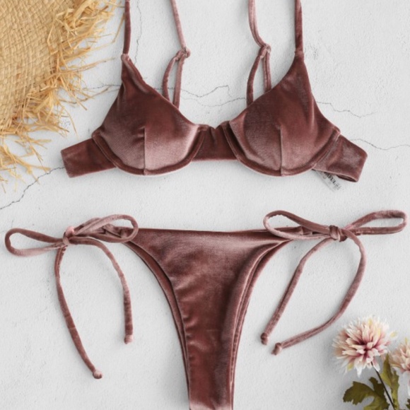 Zaful Other - Khaki Velvet Triangle Two Piece Bikini Set